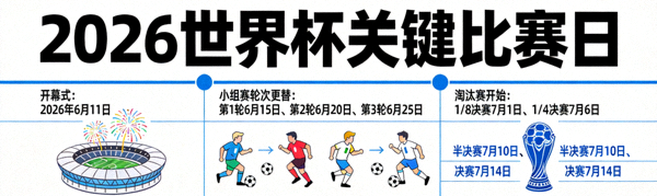 2026世界杯关键比赛日日历，包含开幕式、小组赛轮次更替、淘汰赛开始等节点