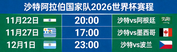 沙特阿拉伯国家队2026世界杯赛程日历，显示对阵阿根廷、墨西哥等队的比赛时间