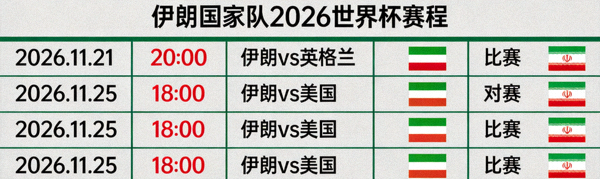伊朗国家队2026世界杯赛程日历，标注对阵英格兰、美国等队的比赛时间